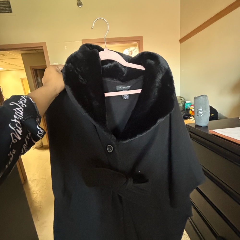 Black Faux Fur Trim Cape